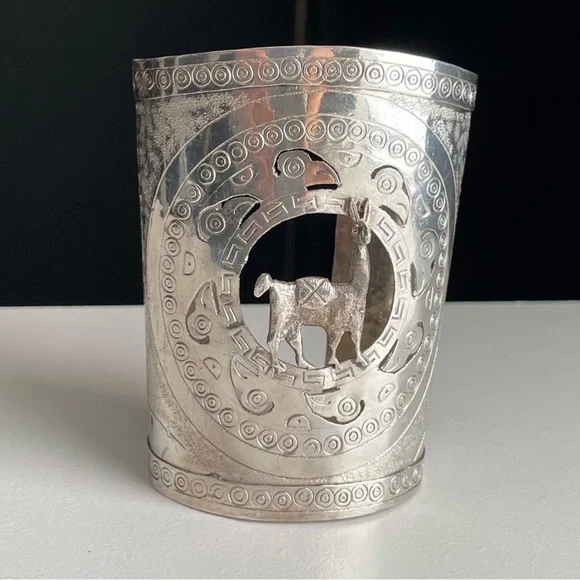 Vintage Sterling Silver Ethnic Lama Alpaca Etched Wide Bangle Boho Cuff